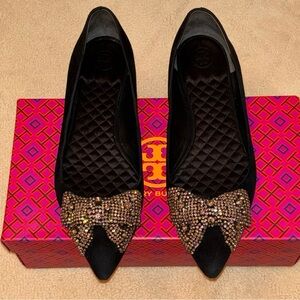 Tory Burch “Esme” Black Crystal Bejeweled Bow Flat Size 10 M